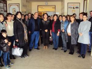 Gayane Mouradian with the principal and teaching staff of Stepanavan School.