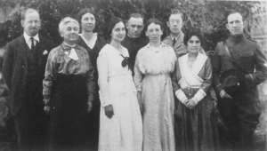 American Board of Missions and Near East Relief personnel in Marash in 1920. Left to Right: Rev. James K. Lyman, Ellen Blakely, Kate Ainslie, Evelyn Trostle, Paul Snyder, Bessie Hardy, Stanley E. Kerr, Mrs. Marion Wilson, and Dr. Marion Wilson.